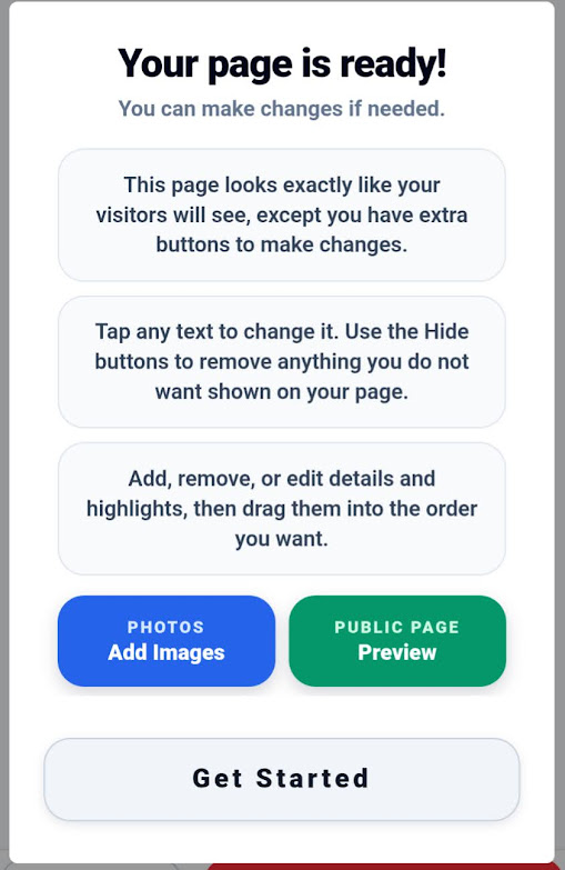 Your page is ready welcome popup