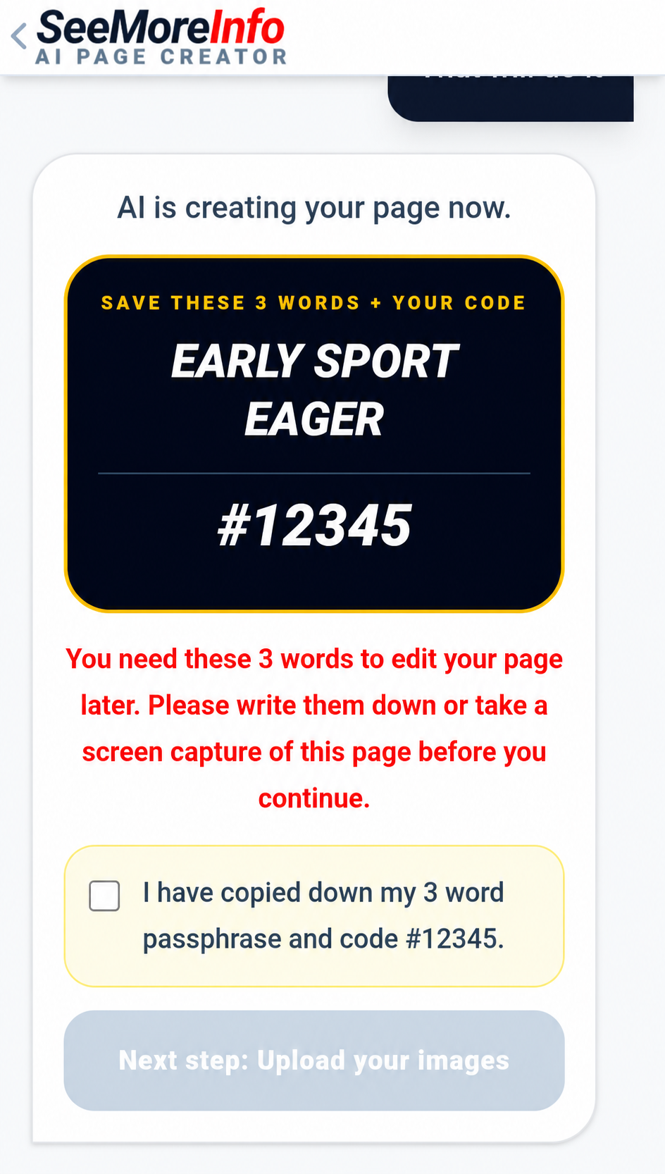 3-word passphrase and page code screen