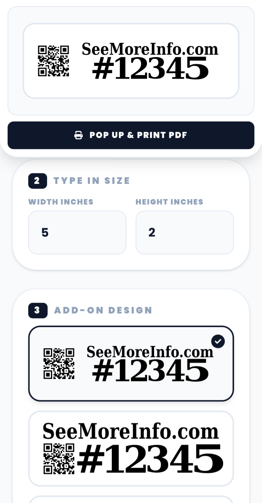 Custom print size fields for add-on signs
