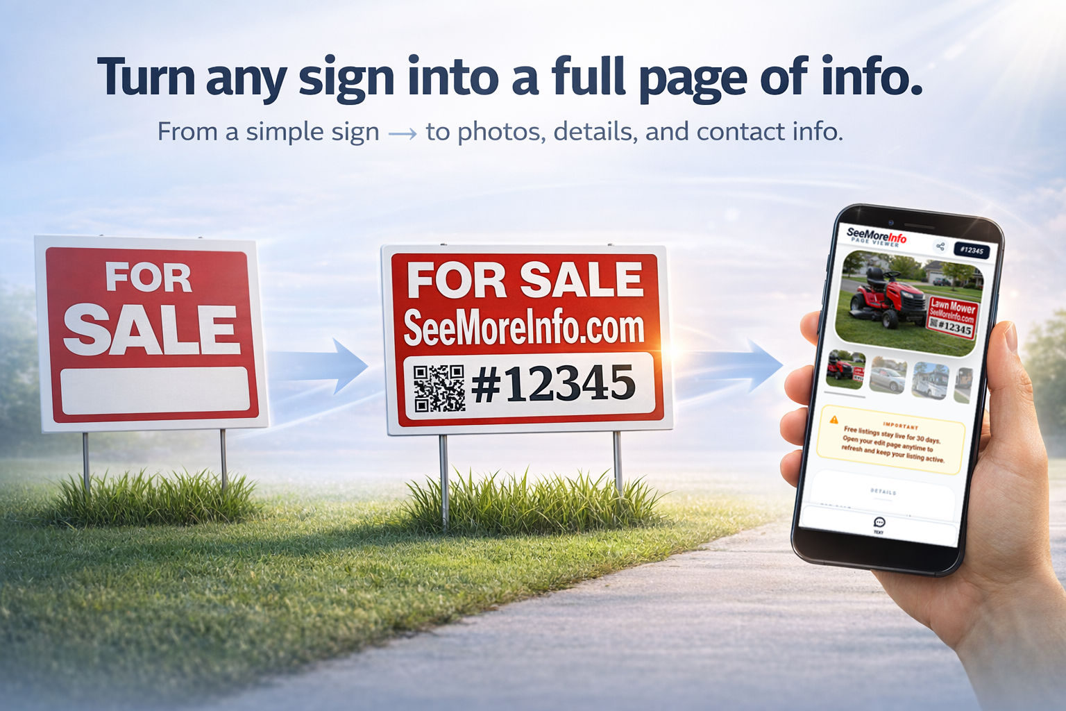 Turn any sign into a full page of info with photos, details, and contact options